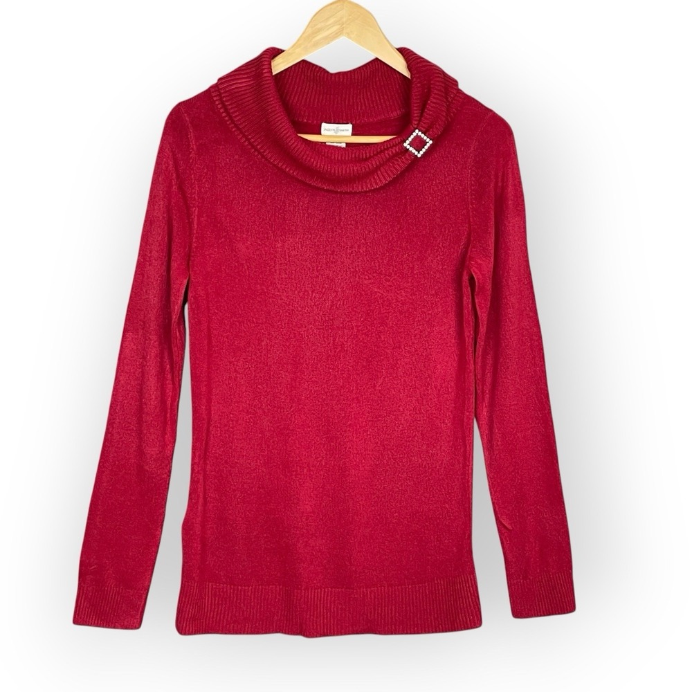 Vintage 90s Y2K Red Cowl Neck Rhinestone Buckle Sweater Womens M Holidays Party